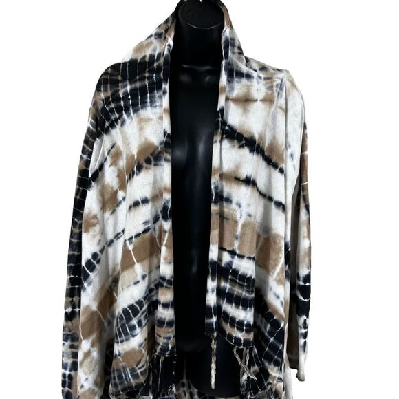 Soft Surroundings Tan Black Tie Die Fringe Open Front Drape Cardigan - Picture 2 of 8